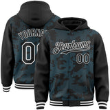 Custom Black Sky Blue-White Curve Lines 3D Pattern Design Bomber Full-Snap Varsity Letterman Hoodie Jacket