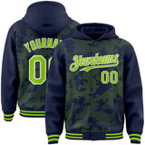 Custom Navy Neon Green-White Curve Lines 3D Pattern Design Bomber Full-Snap Varsity Letterman Hoodie Jacket
