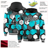 Custom Black Teal-White Geometric Shape 3D Pattern Design Bomber Full-Snap Varsity Letterman Hoodie Jacket