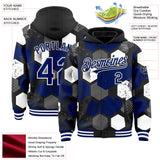 Custom Black Royal-White Geometric Shape 3D Pattern Design Bomber Full-Snap Varsity Letterman Hoodie Jacket