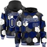 Custom Black Royal-White Geometric Shape 3D Pattern Design Bomber Full-Snap Varsity Letterman Hoodie Jacket