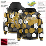 Custom Black Old Gold-White Geometric Shape 3D Pattern Design Bomber Full-Snap Varsity Letterman Hoodie Jacket