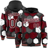 Custom Black Crimson-White Geometric Shape 3D Pattern Design Bomber Full-Snap Varsity Letterman Hoodie Jacket