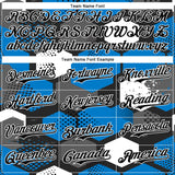 Custom Black Powder Blue-White Geometric Shape 3D Pattern Design Bomber Full-Snap Varsity Letterman Hoodie Jacket