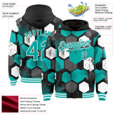 Custom Black Aqua-White Geometric Shape 3D Pattern Design Bomber Full-Snap Varsity Letterman Hoodie Jacket