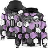 Custom Black Light Purple-White Geometric Shape 3D Pattern Design Bomber Full-Snap Varsity Letterman Hoodie Jacket