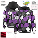 Custom Black Medium Purple-White Geometric Shape 3D Pattern Design Bomber Full-Snap Varsity Letterman Hoodie Jacket