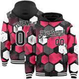 Custom Black Neon Pink-White Geometric Shape 3D Pattern Design Bomber Full-Snap Varsity Letterman Hoodie Jacket