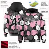 Custom Black Light Pink-White Geometric Shape 3D Pattern Design Bomber Full-Snap Varsity Letterman Hoodie Jacket