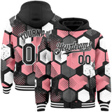 Custom Black Medium Pink-White Geometric Shape 3D Pattern Design Bomber Full-Snap Varsity Letterman Hoodie Jacket