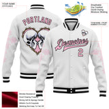 Custom White Light Pink-Black Gothic Crosses Skull 3D Pattern Design Bomber Full-Snap Varsity Letterman Jacket