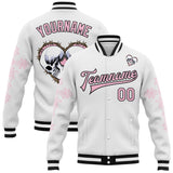 Custom White Light Pink-Black Gothic Crosses Skull 3D Pattern Design Bomber Full-Snap Varsity Letterman Jacket