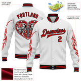 Custom White Red-Black Gothic Skull 3D Pattern Design Bomber Full-Snap Varsity Letterman Jacket