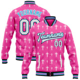 Custom Pink White Sky Blue-Black Gothic Crosses 3D Pattern Design Bomber Full-Snap Varsity Letterman Jacket