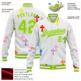 Custom White Neon Green Gothic Crosses 3D Pattern Design Bomber Full-Snap Varsity Letterman Jacket