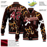 Custom Brown Crimson City Cream-Black Gothic Leopard Print Crosses 3D Pattern Design Bomber Full-Snap Varsity Letterman Jacket