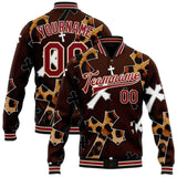 Custom Brown Crimson City Cream-Black Gothic Leopard Print Crosses 3D Pattern Design Bomber Full-Snap Varsity Letterman Jacket