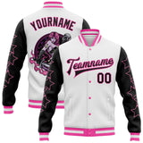 Custom White Black-Pink Y2K Stars 3D Pattern Design Bomber Full-Snap Varsity Letterman Jacket