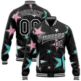 Custom Black White Y2K Stars 3D Pattern Design Bomber Full-Snap Varsity Letterman Jacket