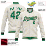 Custom White Kelly Green Cream-Black Crosses 3D Pattern Design Bomber Full-Snap Varsity Letterman Jacket