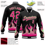 Custom Black Hot Pink Pea Green-White Flame 3D Pattern Design Bomber Full-Snap Varsity Letterman Jacket