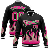 Custom Black Hot Pink Pea Green-White Flame 3D Pattern Design Bomber Full-Snap Varsity Letterman Jacket