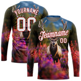 Custom Olive White-Red 3D Animal Deer Hunting Long Sleeve Performance T-Shirt