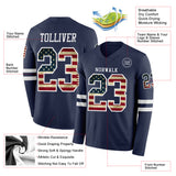 Custom Navy Vintage USA Flag-White Long Sleeve Authentic Football Jersey
