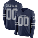 Custom Navy Gray Long Sleeve Authentic Football Jersey