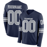 Custom Navy Gray-White Long Sleeve Authentic Football Jersey