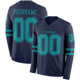 Custom Navy Teal Long Sleeve Authentic Football Jersey