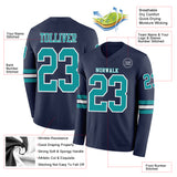 Custom Navy Teal-White Long Sleeve Authentic Football Jersey