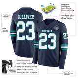 Custom Navy White-Teal Long Sleeve Authentic Football Jersey