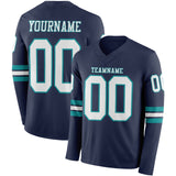 Custom Navy White-Teal Long Sleeve Authentic Football Jersey