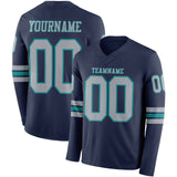 Custom Navy Gray-Teal Long Sleeve Authentic Football Jersey