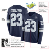 Custom Navy Silver-White Long Sleeve Authentic Football Jersey