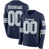 Custom Navy Silver-White Long Sleeve Authentic Football Jersey