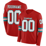 Custom Red White-Teal Long Sleeve Authentic Football Jersey