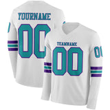 Custom White Teal-Purple Long Sleeve Authentic Football Jersey