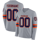 Custom Gray Navy-Orange Long Sleeve Authentic Football Jersey