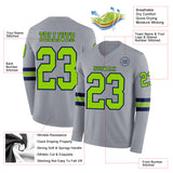 Custom Gray Neon Green-Navy Long Sleeve Authentic Football Jersey