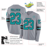 Custom Gray Teal-Black Long Sleeve Authentic Football Jersey