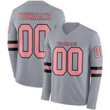Custom Gray Medium Pink-Black Long Sleeve Authentic Football Jersey