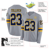 Custom Gray Navy-Gold Long Sleeve Authentic Football Jersey