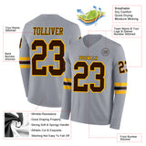 Custom Gray Brown-Gold Long Sleeve Authentic Football Jersey
