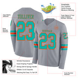 Custom Gray Aqua-Orange Long Sleeve Authentic Football Jersey