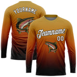 Custom Old Gold White Orange-Black Fishing Rainbow Trout Fish Gradient Long Sleeve Performance T-Shirt