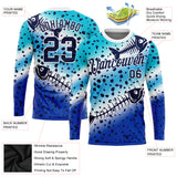 Custom Lakes Blue Navy Thunder Blue-White Fishing Fish Bone Gradient Long Sleeve Performance T-Shirt