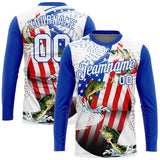 Custom White Fire Red-Thunder Blue Fishing Bass Fish American Flag Long Sleeve Performance T-Shirt
