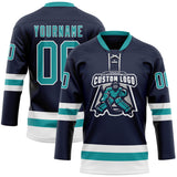 Custom Navy Teal-White Hockey Lace Neck Jersey